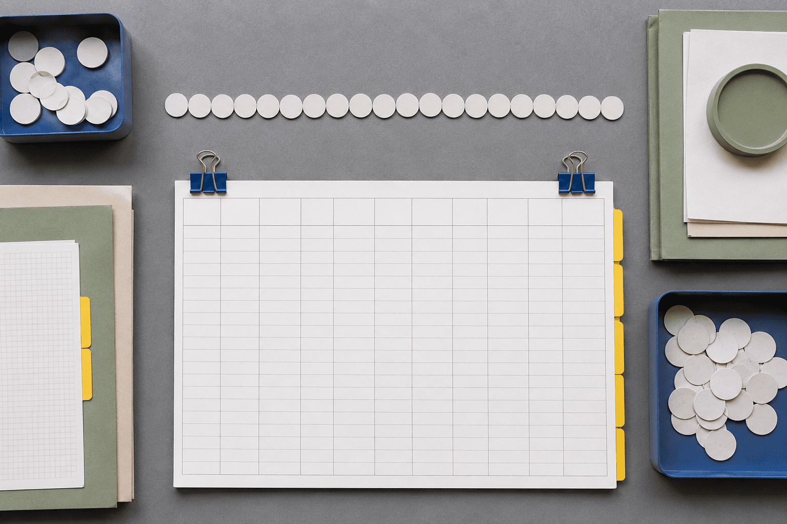 Paper tokens arranged as a monthly credits ledger