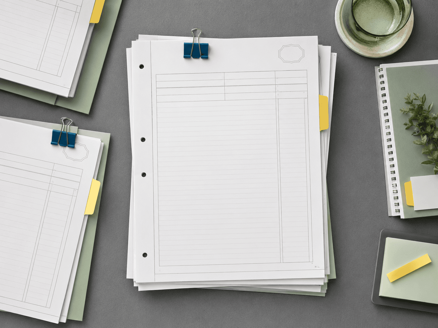 Blank maintenance record document arranged on the workspace